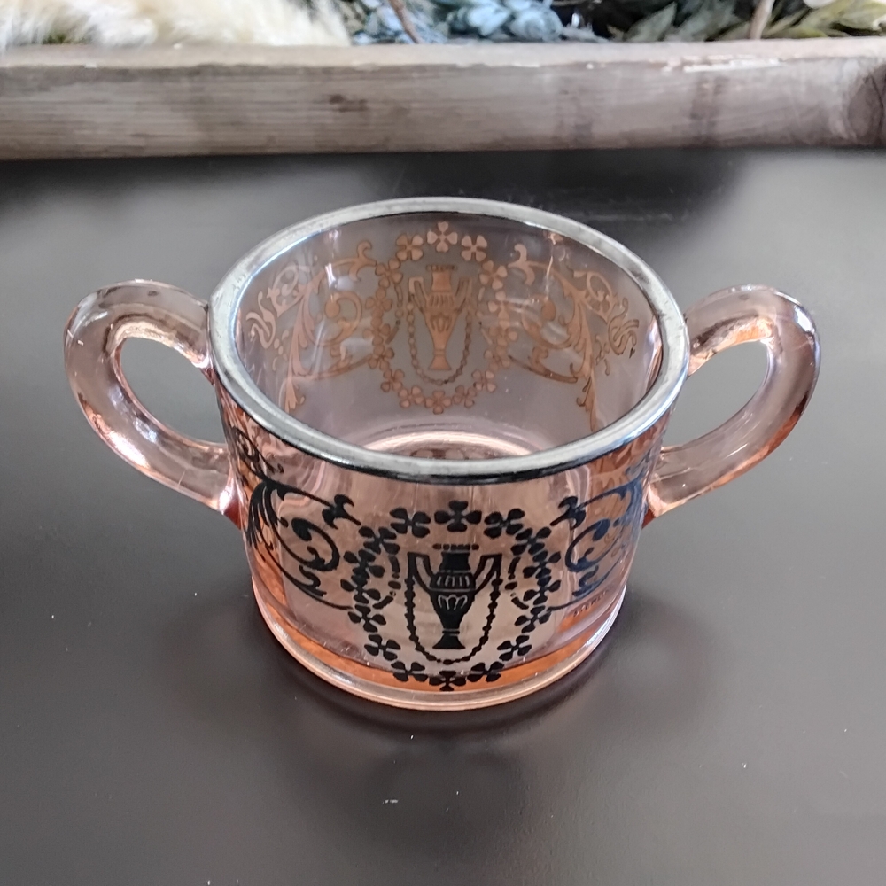 Vintage Pink Depression Glass Creamer and Sugar Set with Silver Overlay - Picture 4 of 8